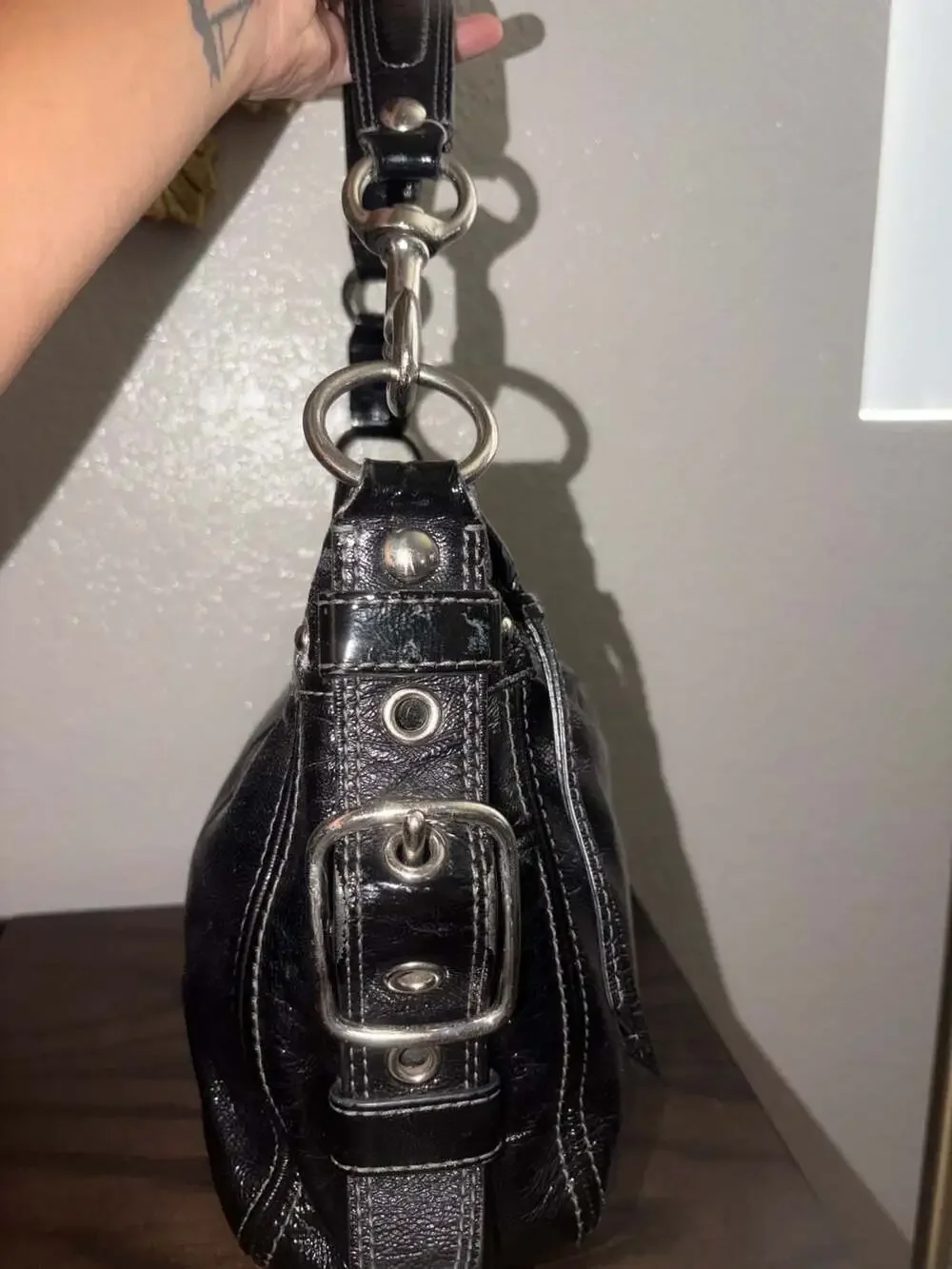 Coach Zoe Black Patent Leather Shoulder Bag with Silver Hardware